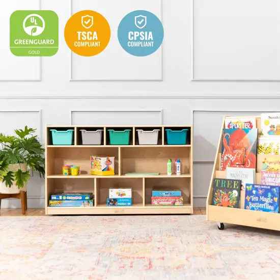 5+5 Compartment Storage and Tray Cabinet with 5 Scoop Front Bins, Natural Contemporary {5}