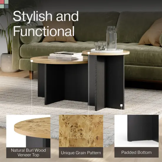 Stead Round Nesting Coffee Tables, 2 Piece Modern Home Decor, Solid Wood Base and Wood Burl Top (Blackened & Burl) {5}