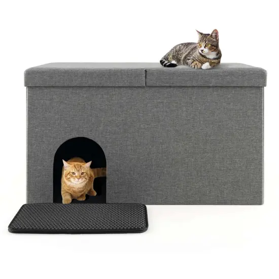 Costway Cat Litter Box Enclosure Hidden Furniture Cat Washroom Shoe Storage Bench Beige/Grey {8}