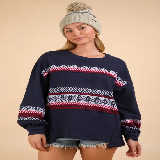 Plus Size Oversized Printed Knit Contrast Knit Top NAVY {2}