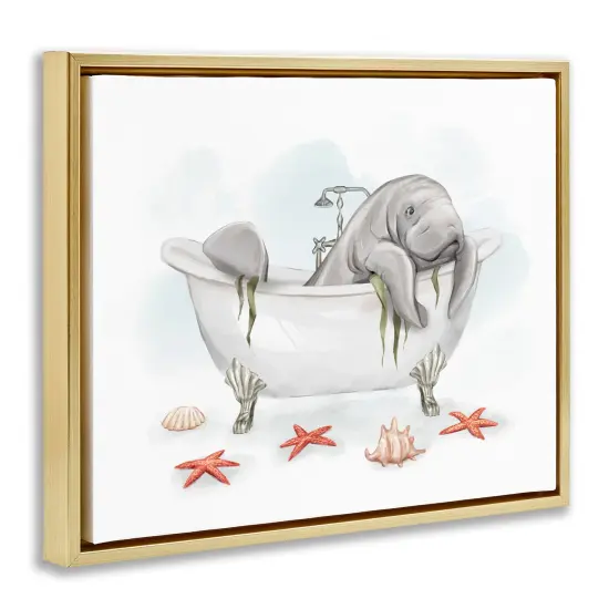 Stupell Industries Manatee Sea Life in Bathtub Framed Floater Canvas Wall Art Gold Floater Frame {3}