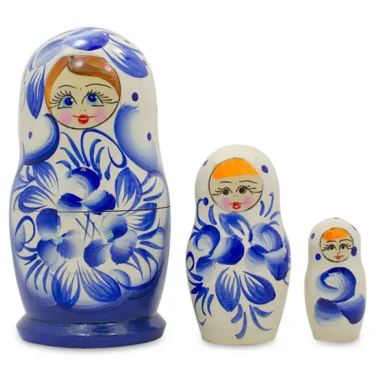 Set of 3 Gzhel Painting Blue Wooden Matryoshka Nesting Dolls 3.75 Inches {1}