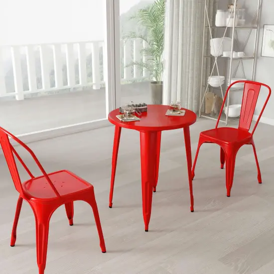 Merrick Lane Calgary 24" Round Metal Table for Indoor and Outdoor Use Red {1}