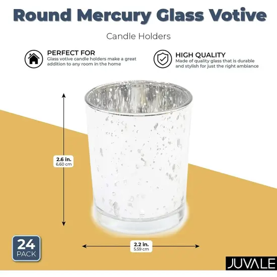 24-Pack Mercury Glass Speckled Candle Holders for 2-Inch Votive Candles, 2.6-Inch Tall Silvered Glass Candleholders for Short Round Wax and Tealight Candles (Silver) {3}