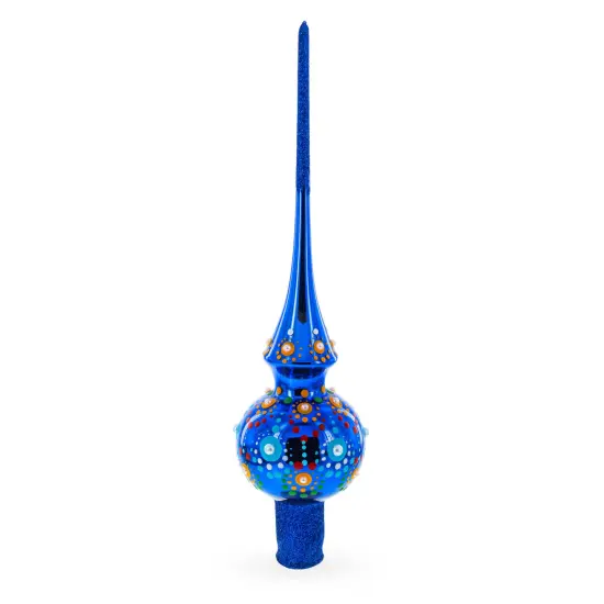 Vibrant Sapphire Blue with Festive Accents Glass Christmas Tree Topper {1}