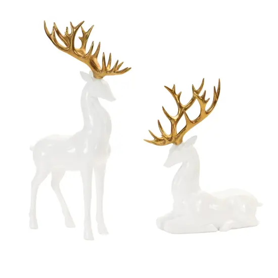Melrose Deer with Antler Christmas Tabletop Figurines - 13" - White and Gold - Set of 2 {1}