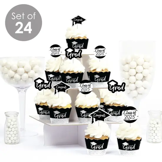 Big Dot of Happiness 2025 Black and White Graduation Cupcake Decoration - Party Cupcake Wrappers and Treat Picks Kit - Set of 24 {3}