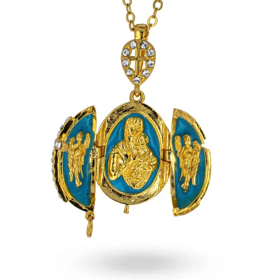 Turquoise Brass 50 Crystals Triptych Icons Royal Egg Pendant Necklace {4}