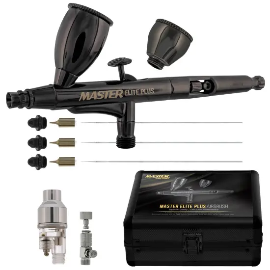 Master Elite Plus Ultimate Airbrush Set, Model 120 - Elite Level Spray Performance Dual-Action Gravity Feed Airbrush Kit, 0.2, 0.3 and 0.5 mm Tips, Case {1}