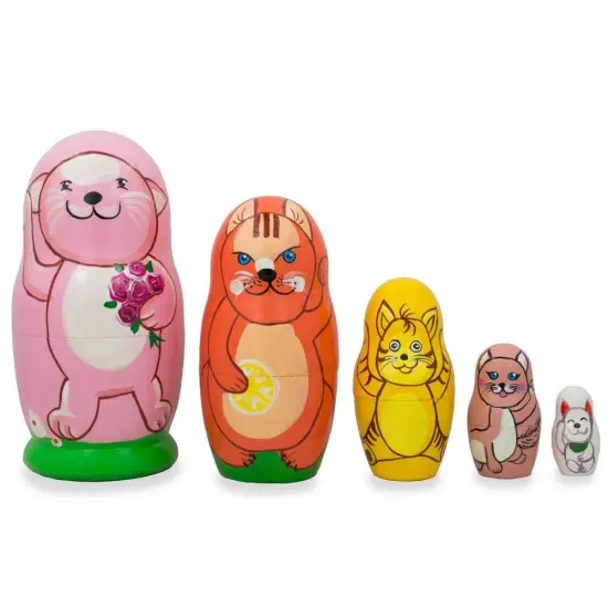 Set of 5 Cats and Kitties Wooden Nesting Dolls 4.25 Inches {1}