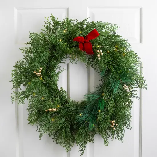 Northlight Real Touch&trade; Cedar and White Pine Artificial Christmas Wreath - 30" - Warm White LED Green {1}