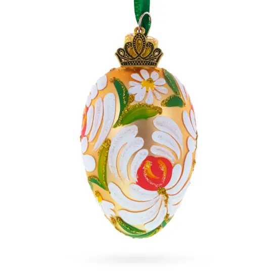 Golden with White and Orange Floral Swirl Design Mini Glass Egg Ornament 2.9 Inches {1}