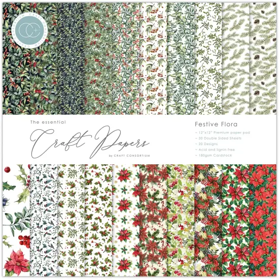 Craft Consortium Double-Sided Paper Pad 12"X12" 30/Pkg-Festive Flora, 20 Designs {1}