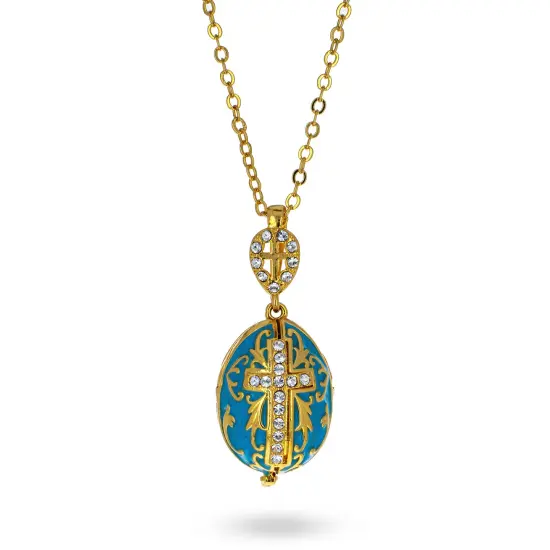 Turquoise Brass 50 Crystals Triptych Icons Royal Egg Pendant Necklace {1}