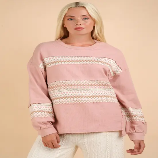 Oversized Printed Knit Contrast Knit Top BLUSH {2}