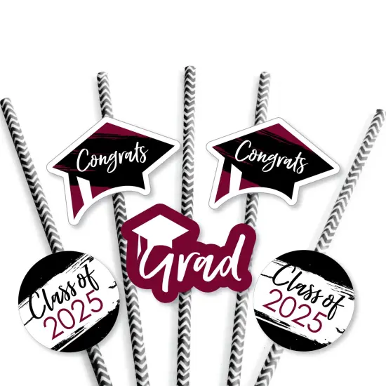 Big Dot of Happiness Maroon 2025 Graduation Paper Straw Decor - Party Striped Decorative Straws - Set of 24 {7}