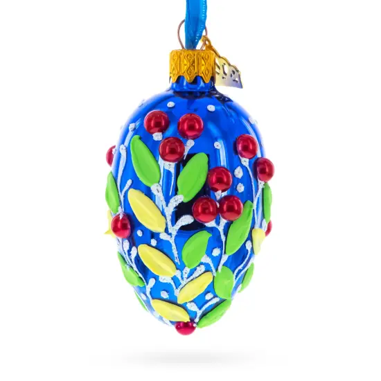Shiny Blue with Red Berry and Green Leaf Accents Mini Glass Egg Ornament 2.9 Inches {3}