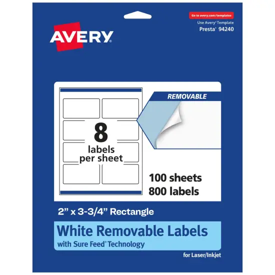 Avery Matte White Removable Rectangle Labels with Sure Feed Technology, Print-to-the-Edge, 2" x 3.75" {7}