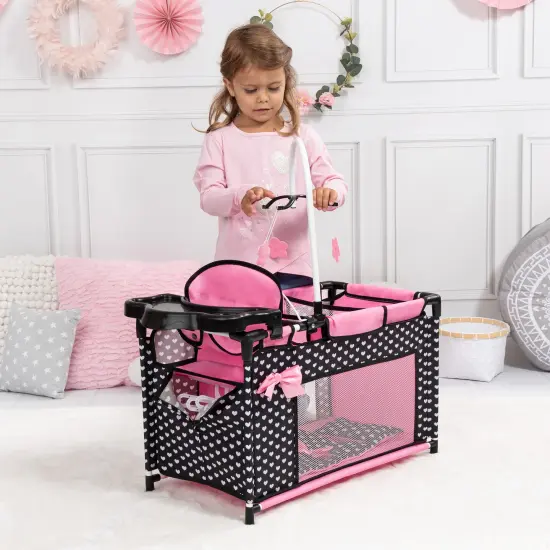 Bayer: Multi Bed - Black, Pink, Hearts - Accessory Set for Dolls Up to 18", Built-in High Chair, 3 Hangers, Pillow, Blanket, Kids Ages 3+ {7}