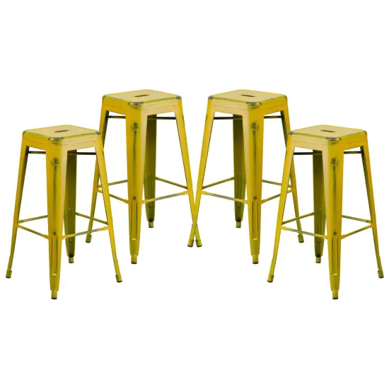 Emma and Oliver Commercial Grade 4 Pack 30" High Backless Distressed Metal Indoor-Outdoor Barstool Yellow {2}