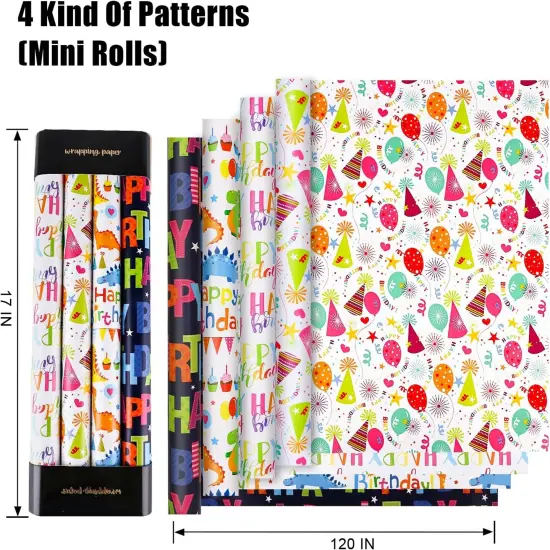 Birthday Wrapping Paper,Birthday Gift Wrapping Paper,Wrapping Paper Roll,Mini Roll-4 Roll-17 inch X 120 {3}