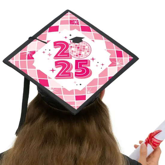 Big Dot of Happiness Pink Disco Ball - 2025 Graduation Cap Decorations Kit - Grad Cap Cover {6}