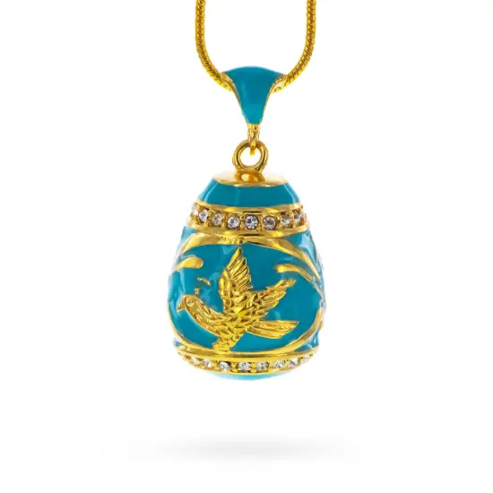 Aquamarine Enamel Gold Bird Royal Egg Pendant Necklace {1}