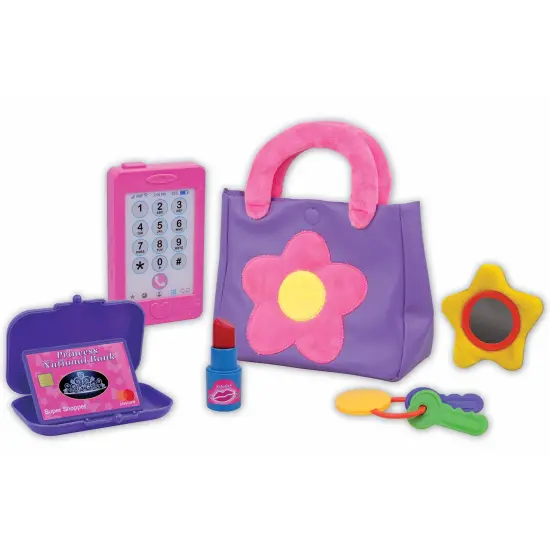 Nothing But Fun Toys: Let's Pretend - Purse - Pink & Purple Play Set, Soft Cloth Bag & Accessories, Phone-Wallet-Lipstick-Keys-Mirror, Kid-Toddlers 2+ {1}