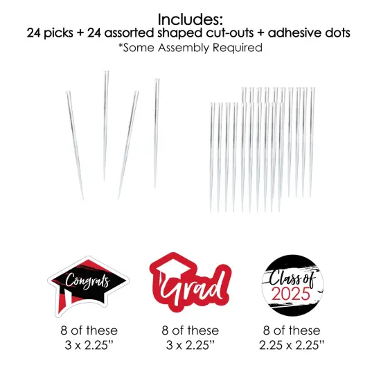 Big Dot of Happiness Red 2025 Graduation Party - Dessert Cupcake Toppers - Clear Treat Picks - Set of 24 {7}