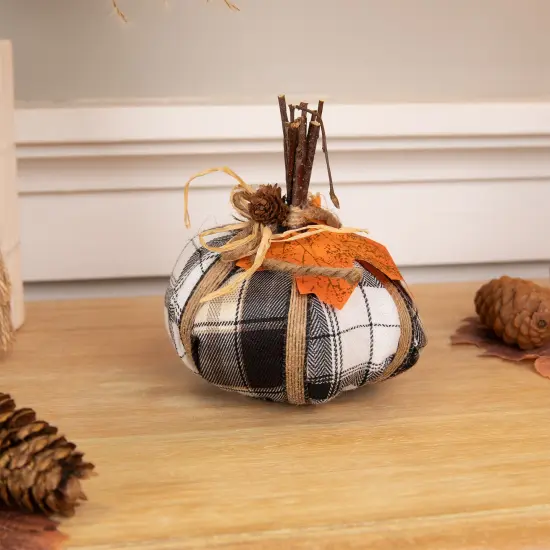 Northlight Plaid Pumpkin with Leaf Fall Harvest Pumpkin Decoration - 5" - White and Black {1}