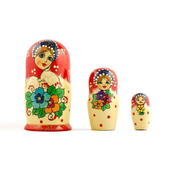 Set of 3 Red Headscarf with Folk Art Flowers Wooden Nesting Dolls Matryoshka 3.5 Inches {1}