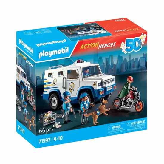 Playmobil 71597 Action Heroes Armoured Van with Fund Conveyors - Includes Three Police, Motorcycle Thief and Police Dog - Ages 4+ {3}