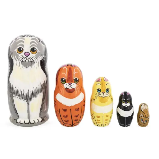 Set of 5 Cats Family Wooden Nesting Dolls 6 Inches {1}