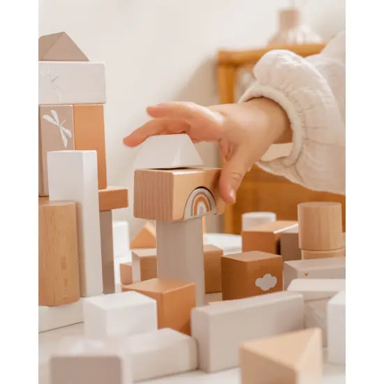 Label Label: Wooden Blocks Set 50pcs - Tan- Natural Wooden & Colored Blocks, Creative Building & Stacking, Range of Shapes & Sizes, Kids Ages 2+ {6}