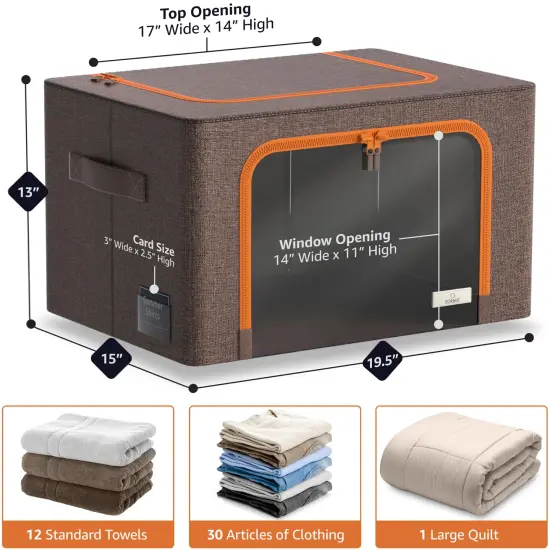 Sorbus 1 Pack Storage Bin with Metal Frame, Stackable Clothes Organizer Bag with Window & Handles, Organization for Bedding Linen & Clothing Brown {4}