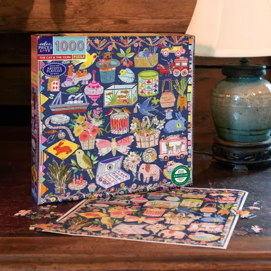 eeBoo Piece & Love: The Cat & The Yarn - 1000 Piece Puzzle - Adult Square Jigsaw, 23"x 23", Includes Image Reference Insert, Glossy High-Quality Piece {5}
