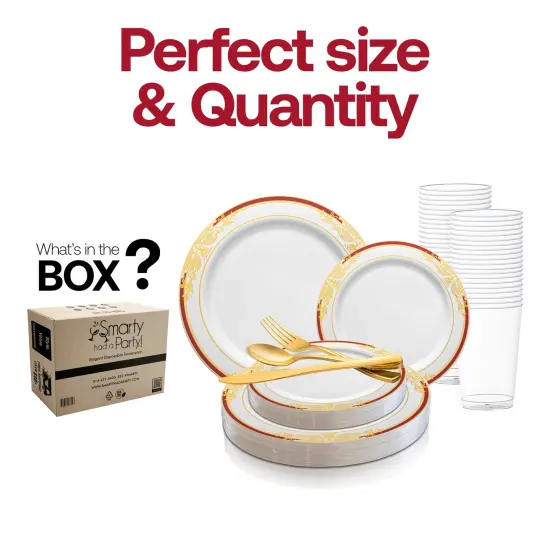 White with Burgundy and Gold Harmony Rim Plastic Wedding Value Set (20 Settings) {3}