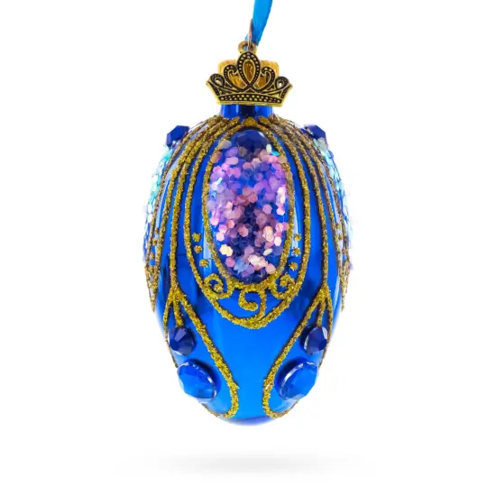 Royal Blue with Gold Glitter and Iridescent Sequins Mini Glass Egg Ornament 2.9 Inches {1}