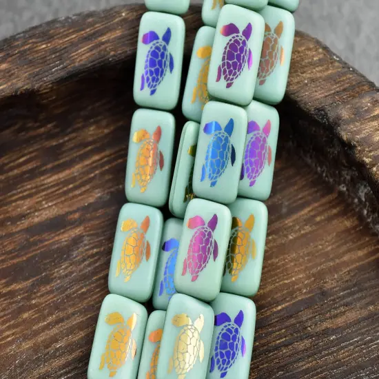 *6* 18x12mm Opaque Turquoise Sliperit Laser Tattoo Rectangle Turtle Beads {4}