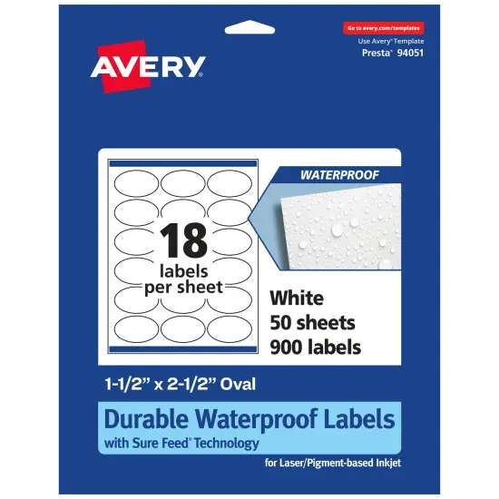 Avery Durable Waterproof Oval Labels with Sure Feed, 1.5" x 2.5" {1}