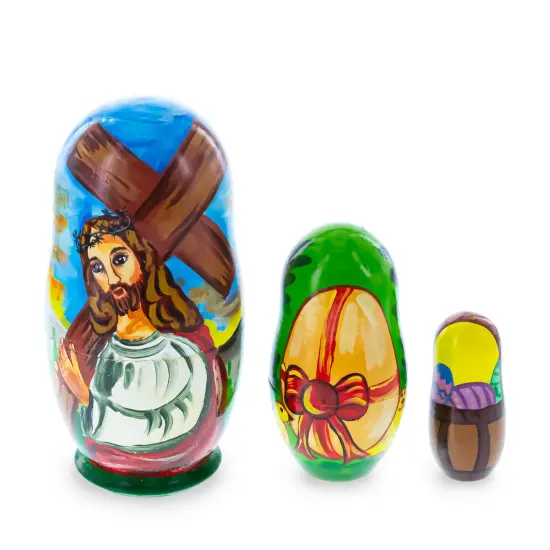 Set of 3 Jesus with Cross, Easter Eggs Wooden Nesting Dolls 4.25 Inches {1}
