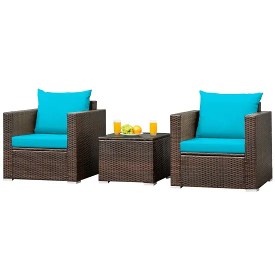 3 Pcs Patio Conversation Rattan Furniture Set with Cushion Beige {9}