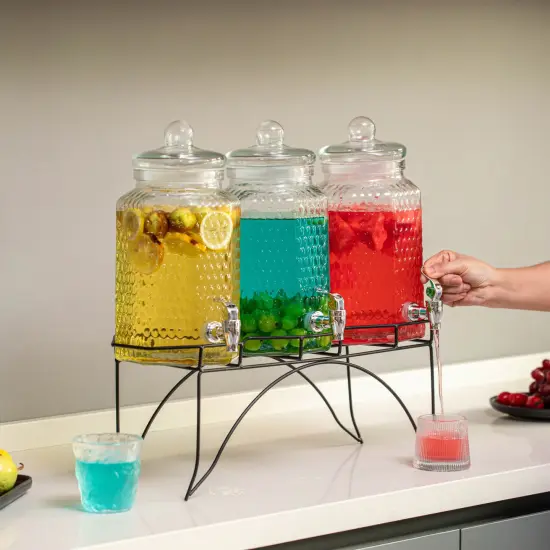 Basicwise 3-Piece Glass Drink Dispenser Set with Metal Stand and Stainless Steel Spigot - Beverage Dispensers for Lemonade, Juice, Water, Iced Tea, and Punch - Ideal for Tea Party and Other Occasions {5}