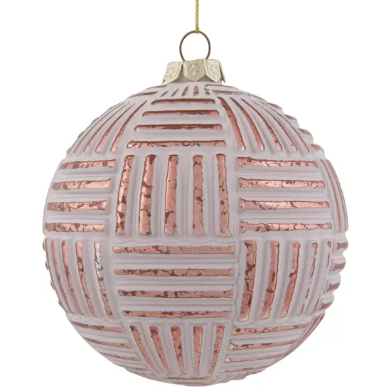 Northlight Textured Stripes Glass Christmas Ball Ornament - 4" (100mm) - White and Rose Gold {4}