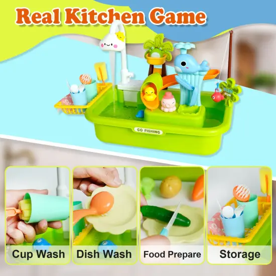 Easy Playhouse: 4-In-1 Play Sink - Running Water Electric Faucet, Kitchen & Food Accessories, Waterpark Theme, Fishing Games, Bath Toys, Kids Age 3+ {7}
