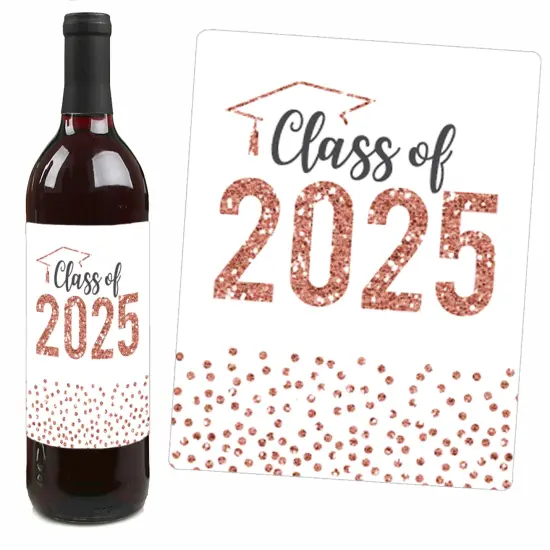 Big Dot of Happiness Rose Gold Grad - 2025 Graduation Party Decorations for Women and Men - Wine Bottle Label Stickers - Set of 4 {4}