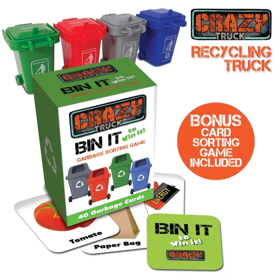 Crazy Truck: Recycling Truck - Lights & Sounds City Vehicle Toy Set, Pull Back Action, Trash Cans, Info Flash Cards, Realistic Mechanical Arm, Kids 3+ {6}