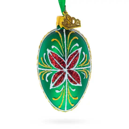 Emerald Green with Red and Gold Floral Mini Glass Egg Ornament 2.9 Inches {1}