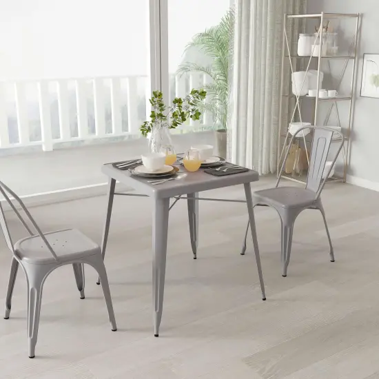 Merrick Lane Benson 23.75" Square Metal Dining Table for Indoor and Outdoor Use Silver {1}