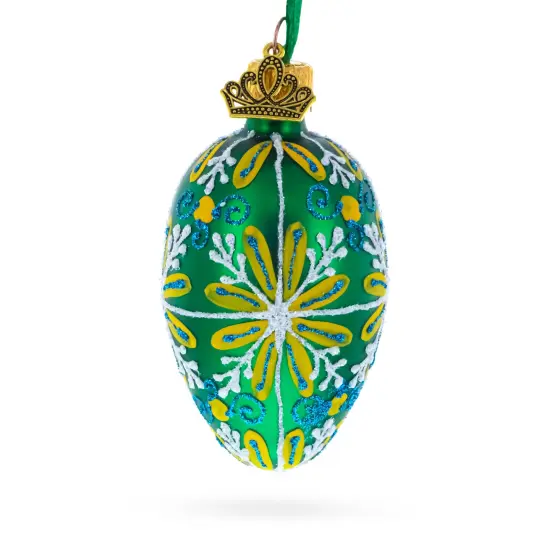 Emerald Green with Blue and Yellow Swirl Floral Mini Glass Egg Ornament 2.9 Inches {1}